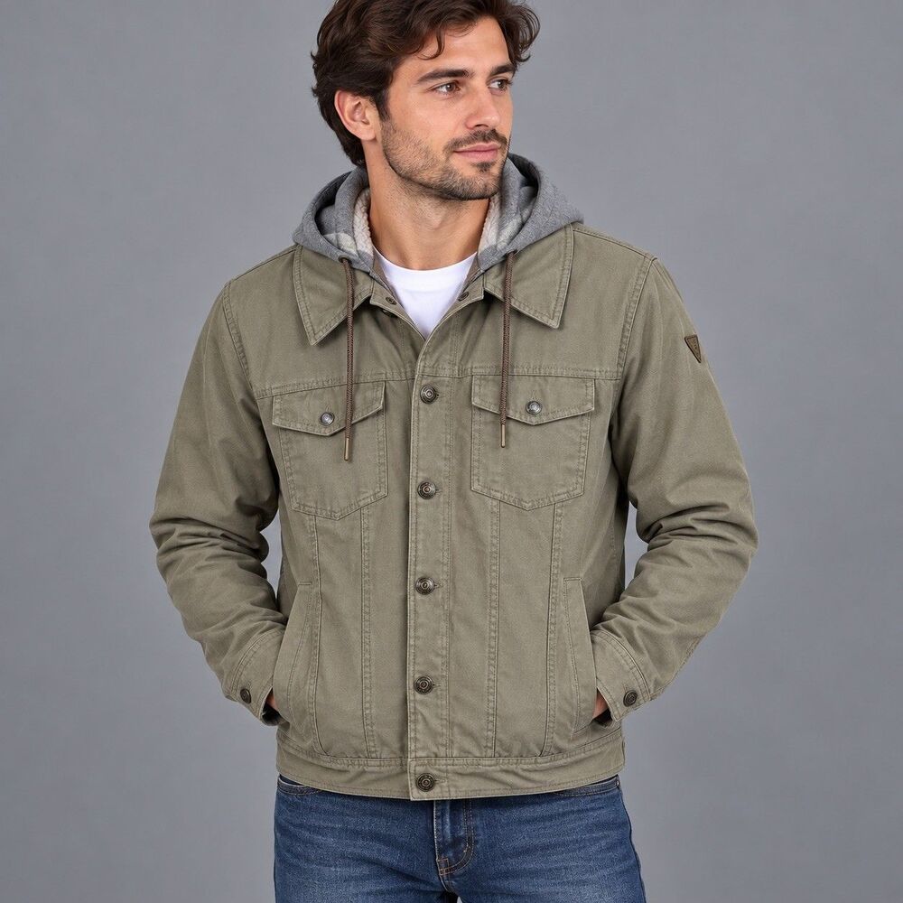 Guess Mens S Khaki Green Hooded Trucker Jacket Military Quilted Lined SherpaHood